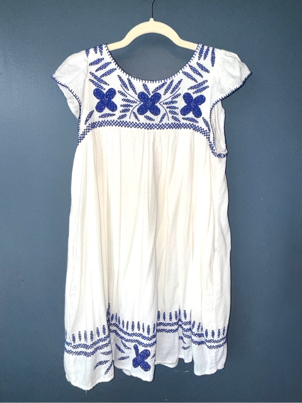Urban Outfitters White Dress with Blue Embroidered Accents